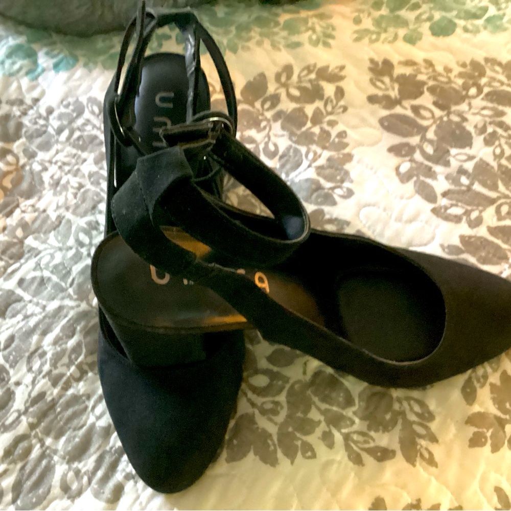 Women’s black suede closed toe shoes with ankle strap